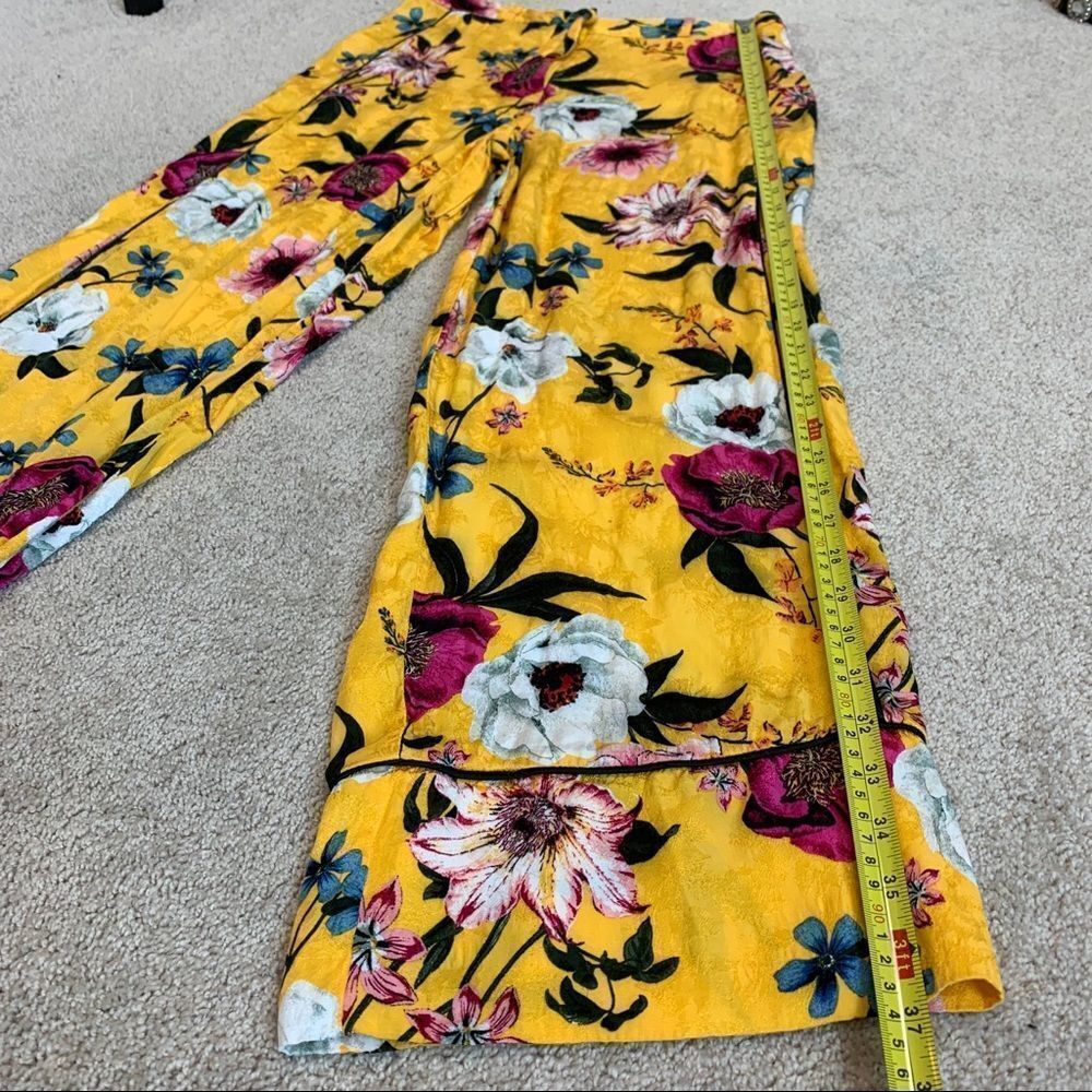 TOPSHOP Asian Oriental yellow floral flower print wide leg trousers belted Sz 8 - Picture 15 of 16